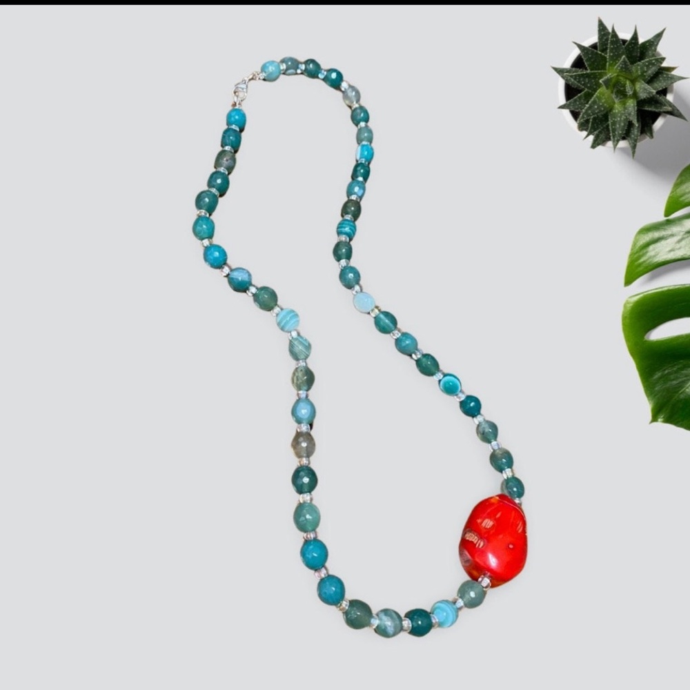 Green Agate and Coral Necklace, Agate and Coral Jewelry